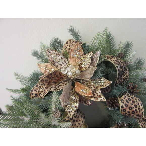 Christmas Wreath Luxurious Animal Print Jeweled Faux Evergreen Handmade 24" - Picture 3 of 6